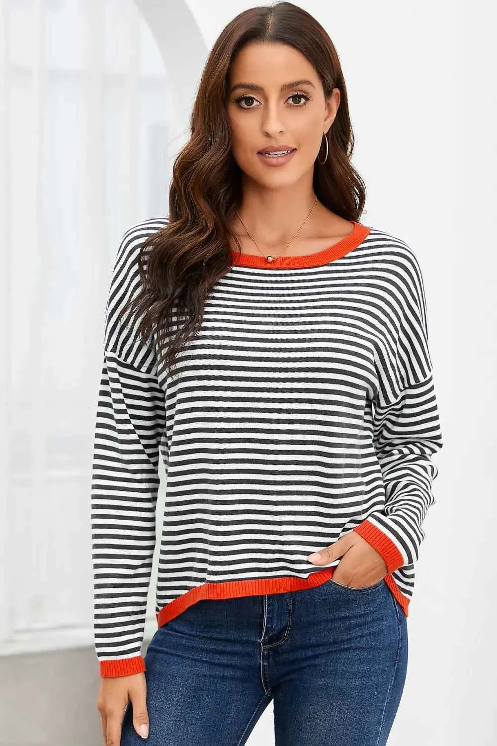 Striped Round Neck Drop Shoulder T-Shirt