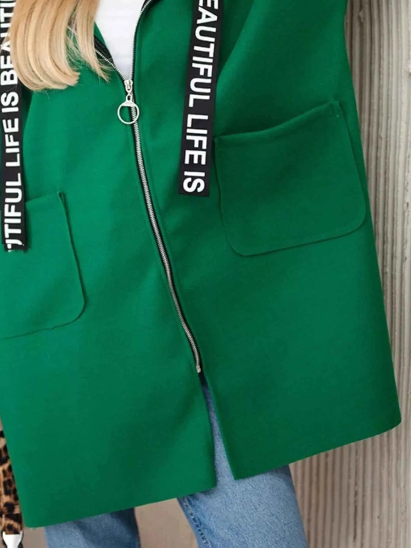 Full Size Hooded Zip-Up Longline Outerwear Plus Size