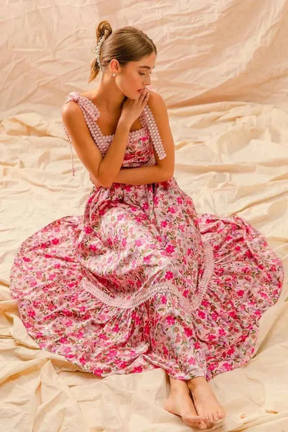 SO ME Floral Maxi Dress With Ribbon Tie Lace Strap