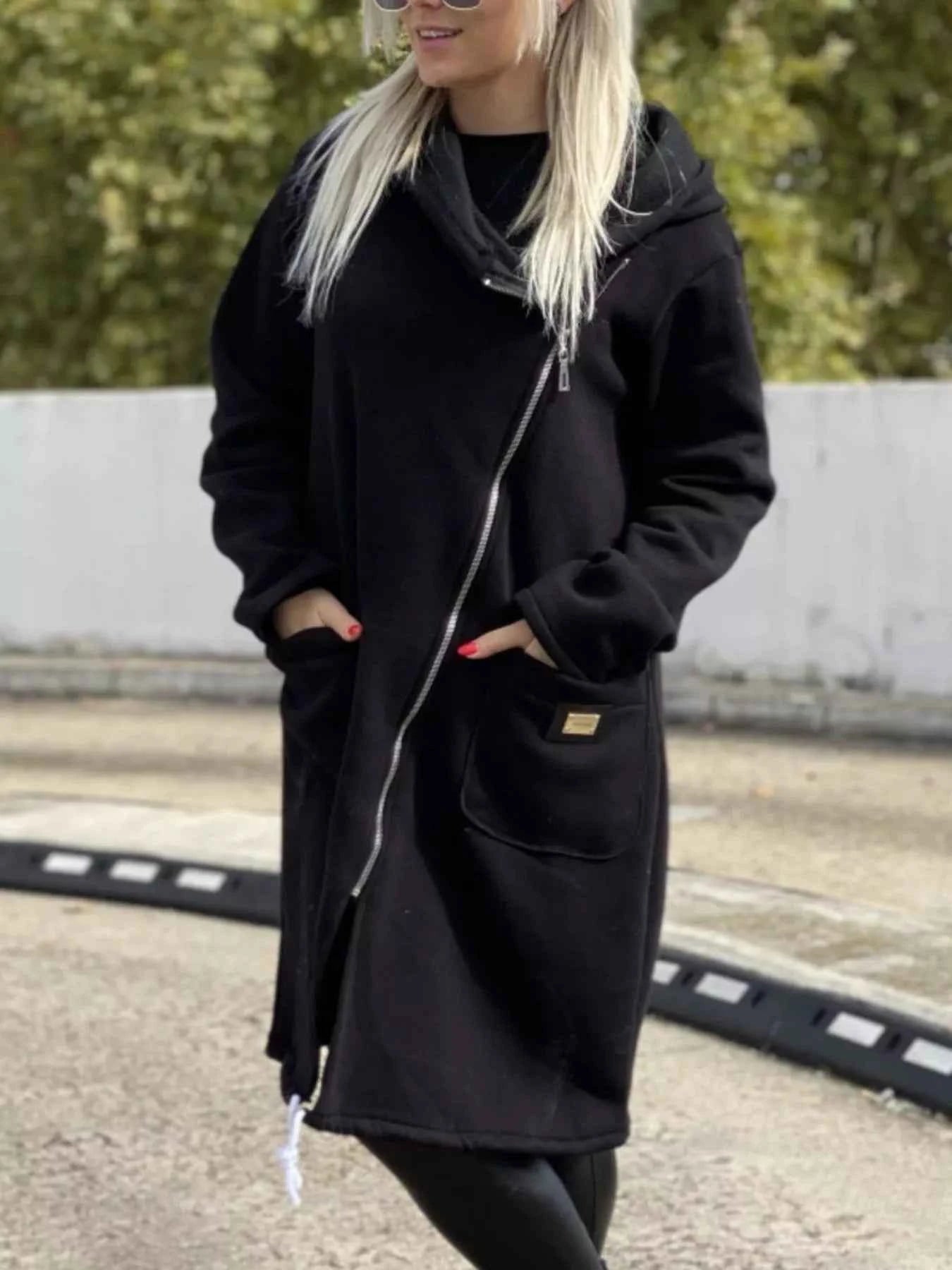 Full Size Asymmetrical Zip-Up Hooded Fleece Outerwear Plus Size