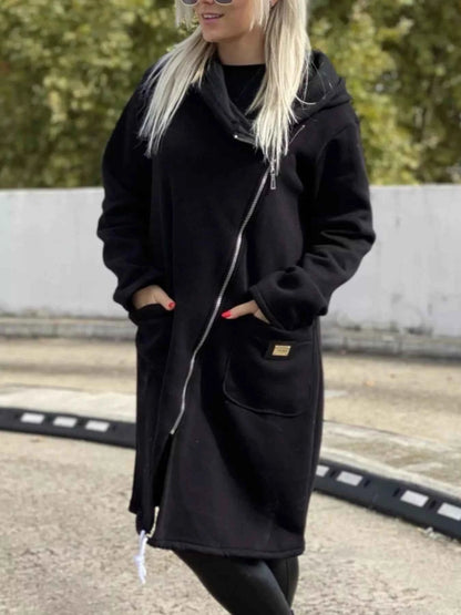 Full Size Asymmetrical Zip-Up Hooded Fleece Outerwear Plus Size