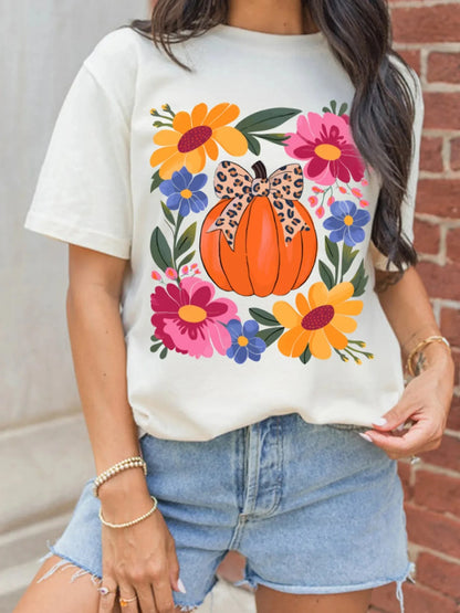 Pumpkin Floral Graphic Round Neck T-Shirt