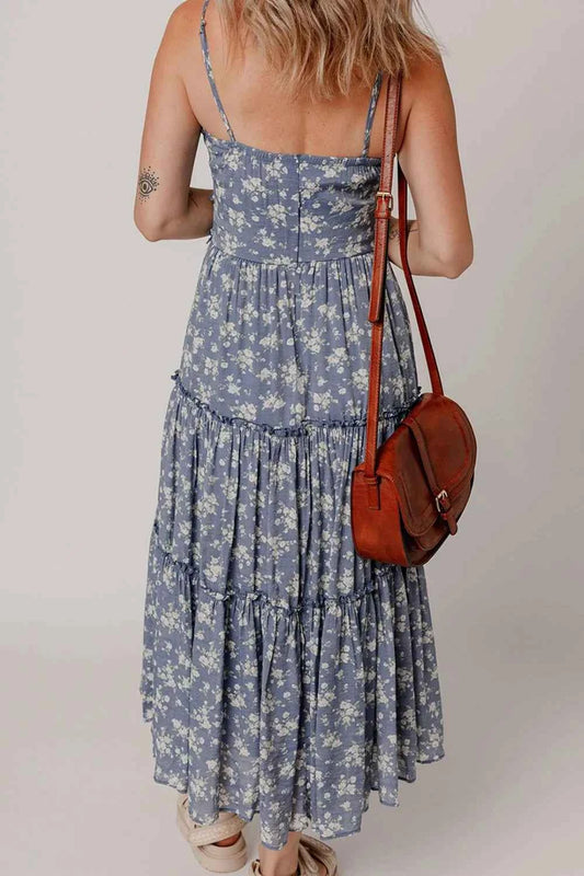 Floral Spaghetti Strap Frilled V Neck Tiered Midi Dress