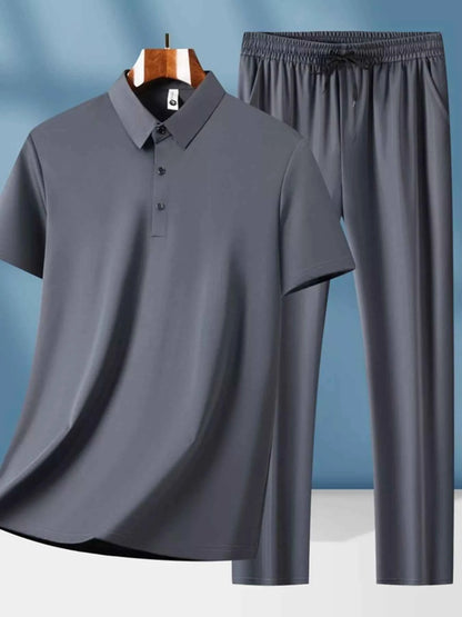 Men's Plus Size Button Detail Short Sleeve Top and Pants Set