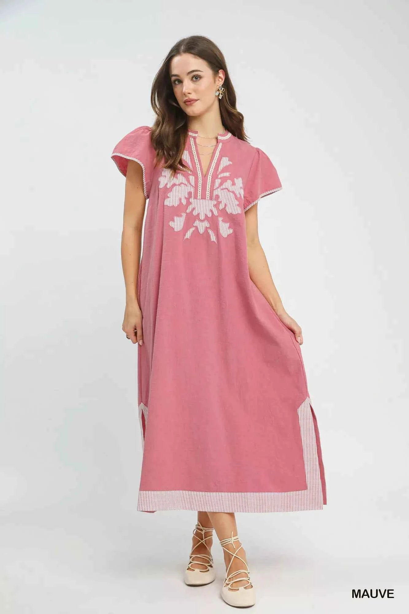Umgee Embroidered Floral Short Sleeve Midi Dress with Contrast Trim