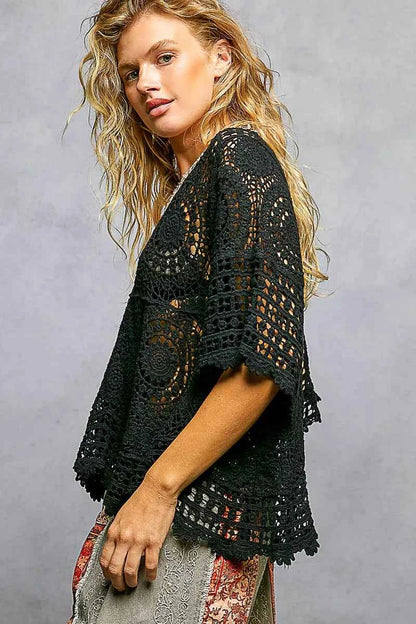 POL V-Neck Crochet Top with Scalloped Hem