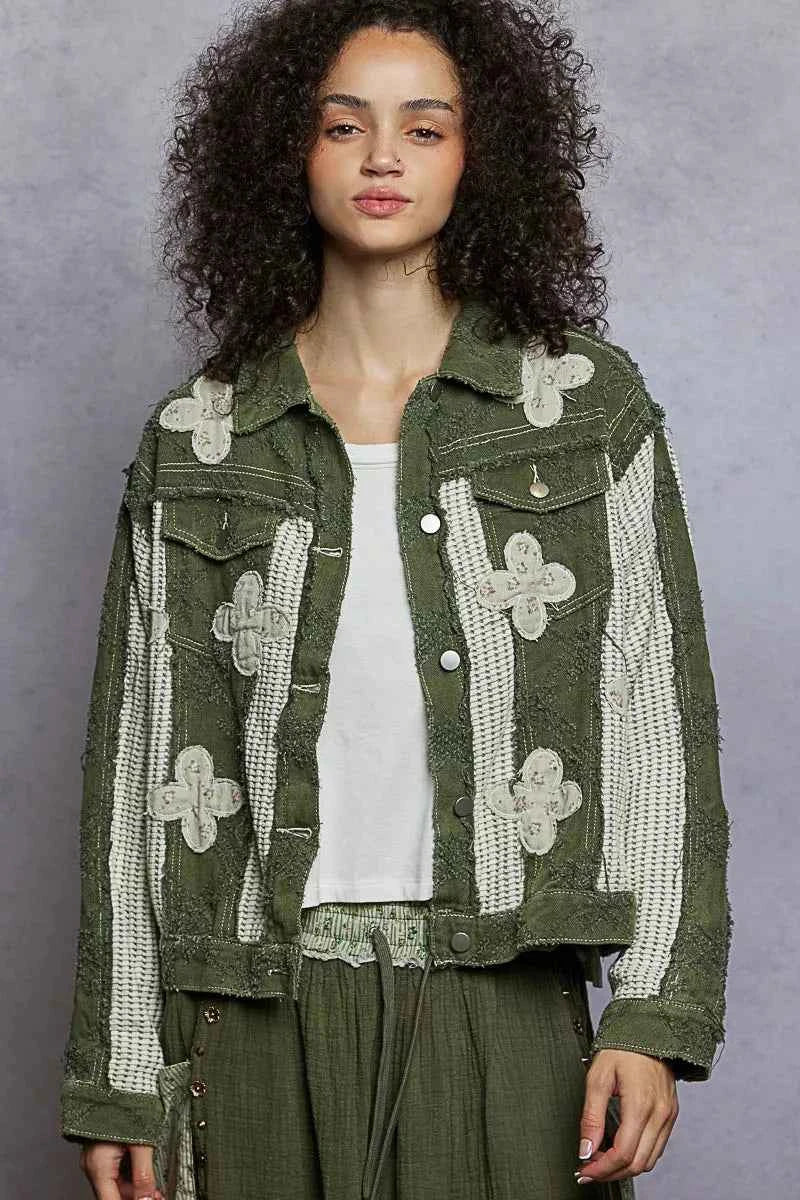 POL Button Down Raw Hem Jacket with Floral Patch