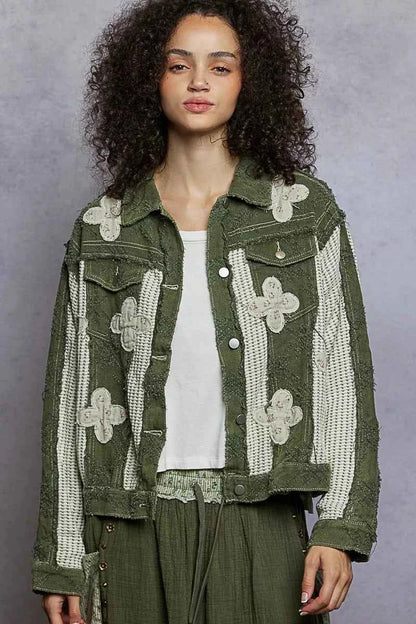 POL Button Down Raw Hem Jacket with Floral Patch