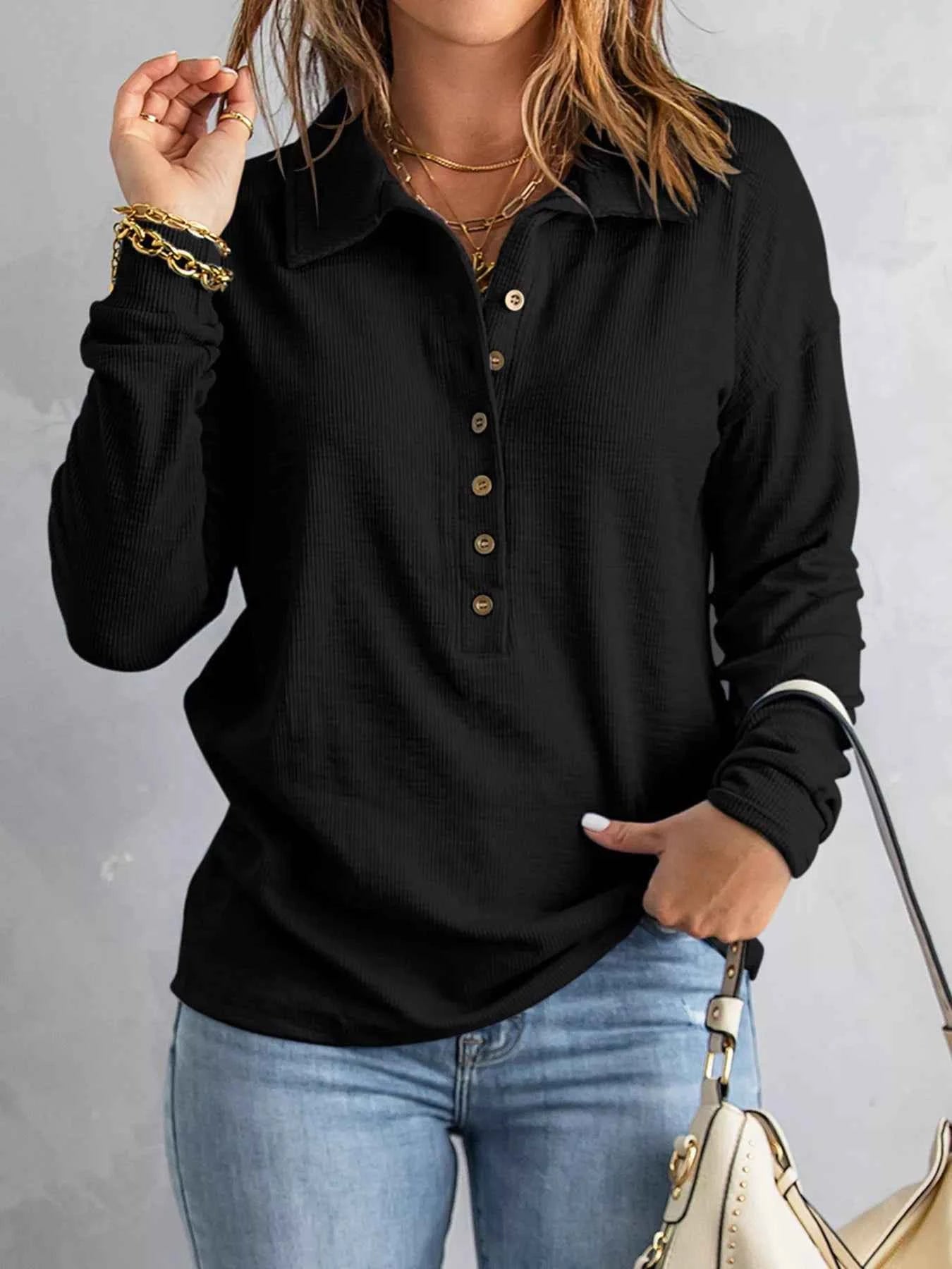 Full Size Button Detail Long Sleeve Top Plus Size