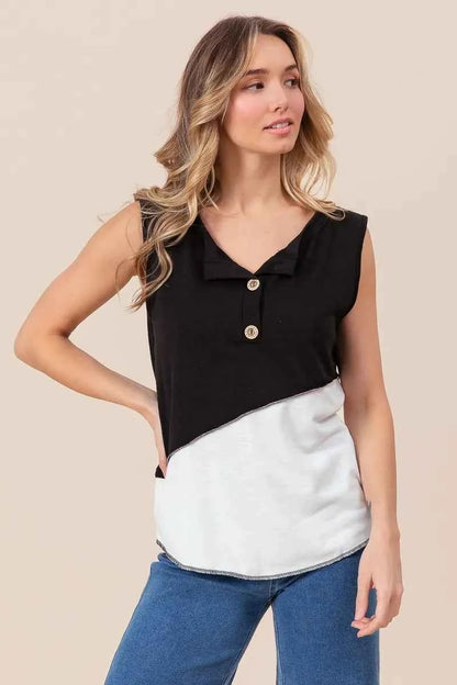 BiBi Color Block Contrast Stitching Buttoned Henley Top