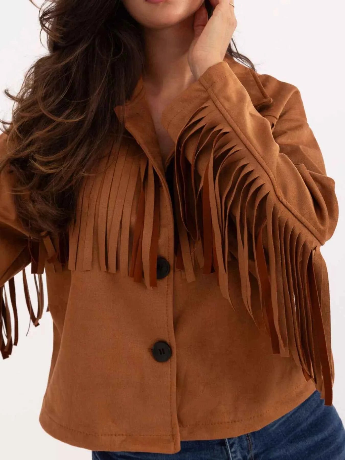 Fringe Button Up Suede Jacket