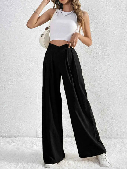 V-Waisted Ruched Front Wide Leg Pants