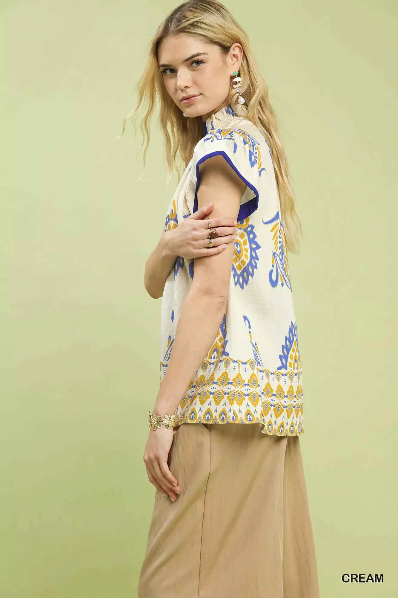 Umgee Border Print Split-Neck Boho Top