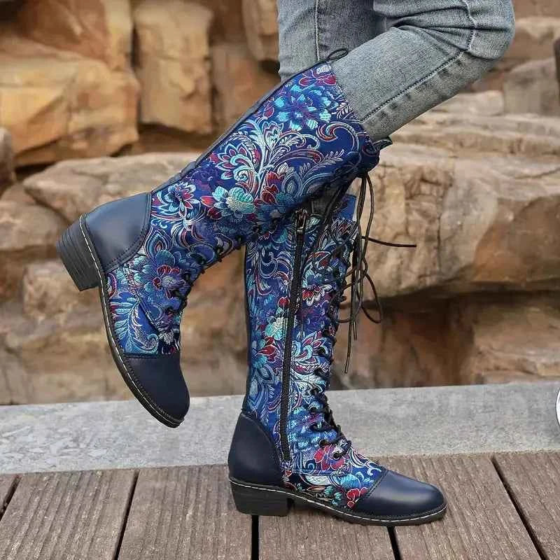 Embroidered Lace-Up Knee High Boots