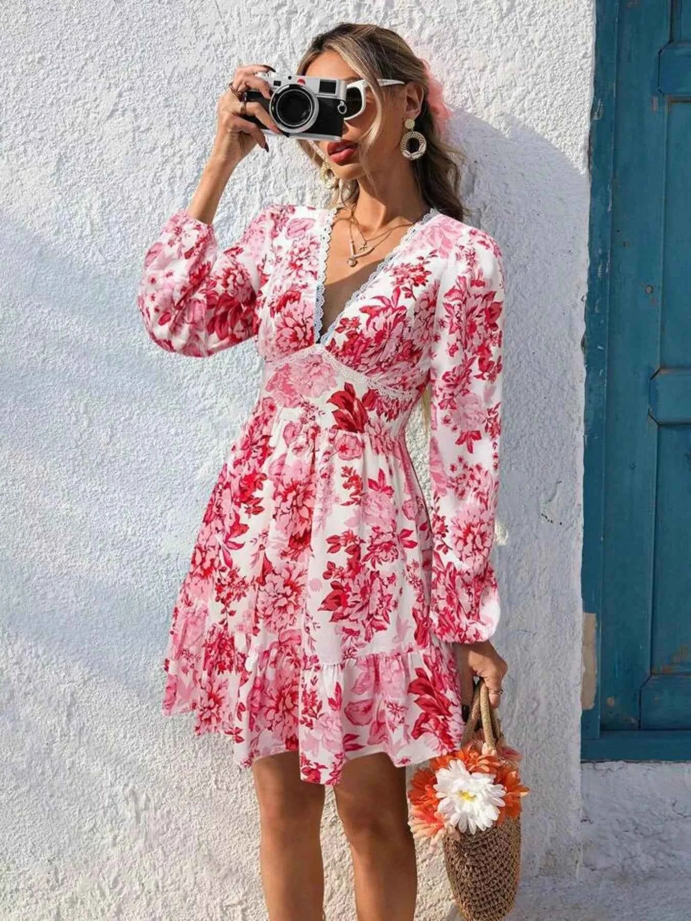 Full Size Floral Print V-Neck Long Sleeve Ruffle Hem Mini Dress Plus Size