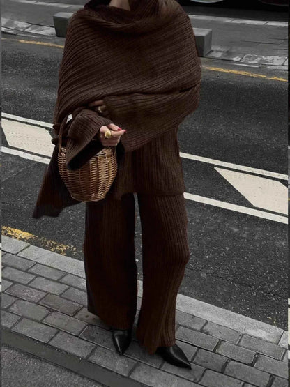 3-Piece Crew Neck Ribbed Sweater and Wide-Leg Pants Set with Scarf