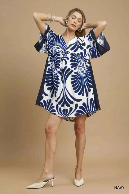 Umgee Abstract Print Kimono Sleeve Mini Dress