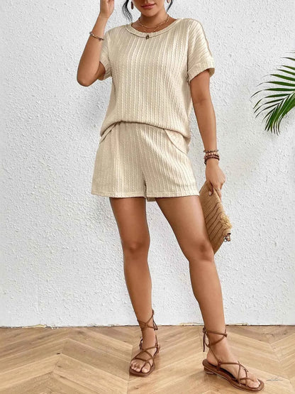 Texture Round Neck Top and Shorts Lounge Set