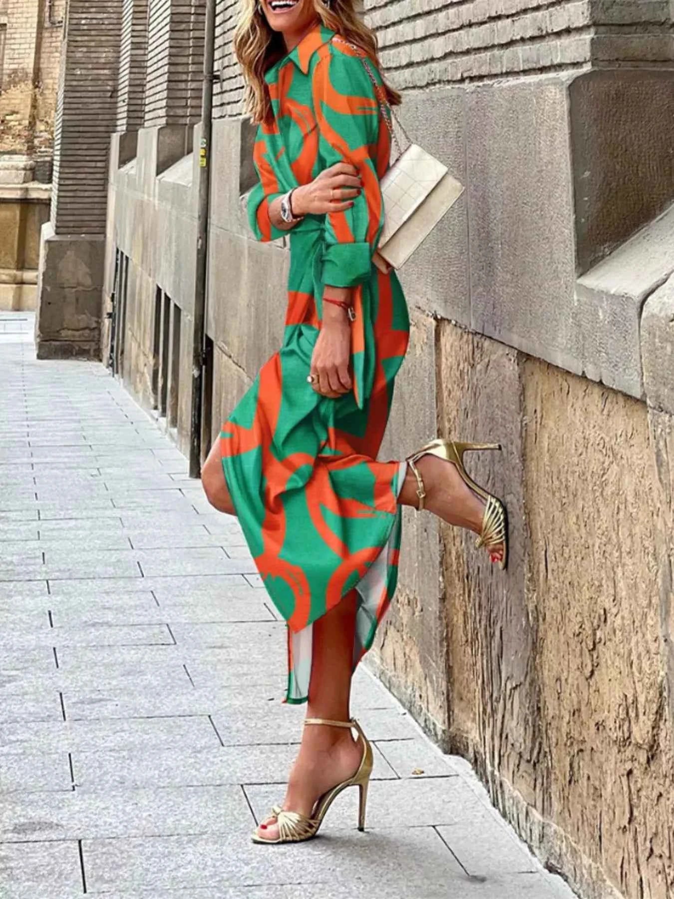 Printed Collared Neck Shirt Dress