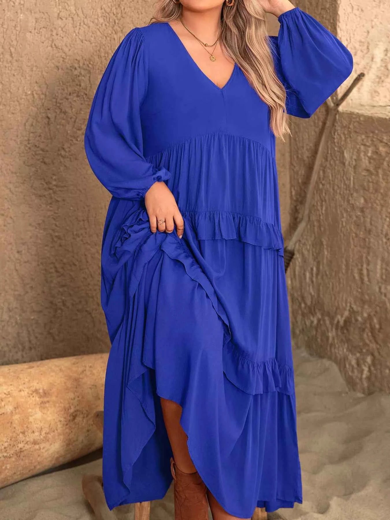 Plus Size Balloon Sleeve Ruffle Tiered Flowy Dress