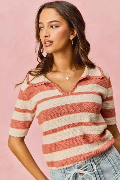 SO ME Stripe Short Sleeve Cropped Sweater