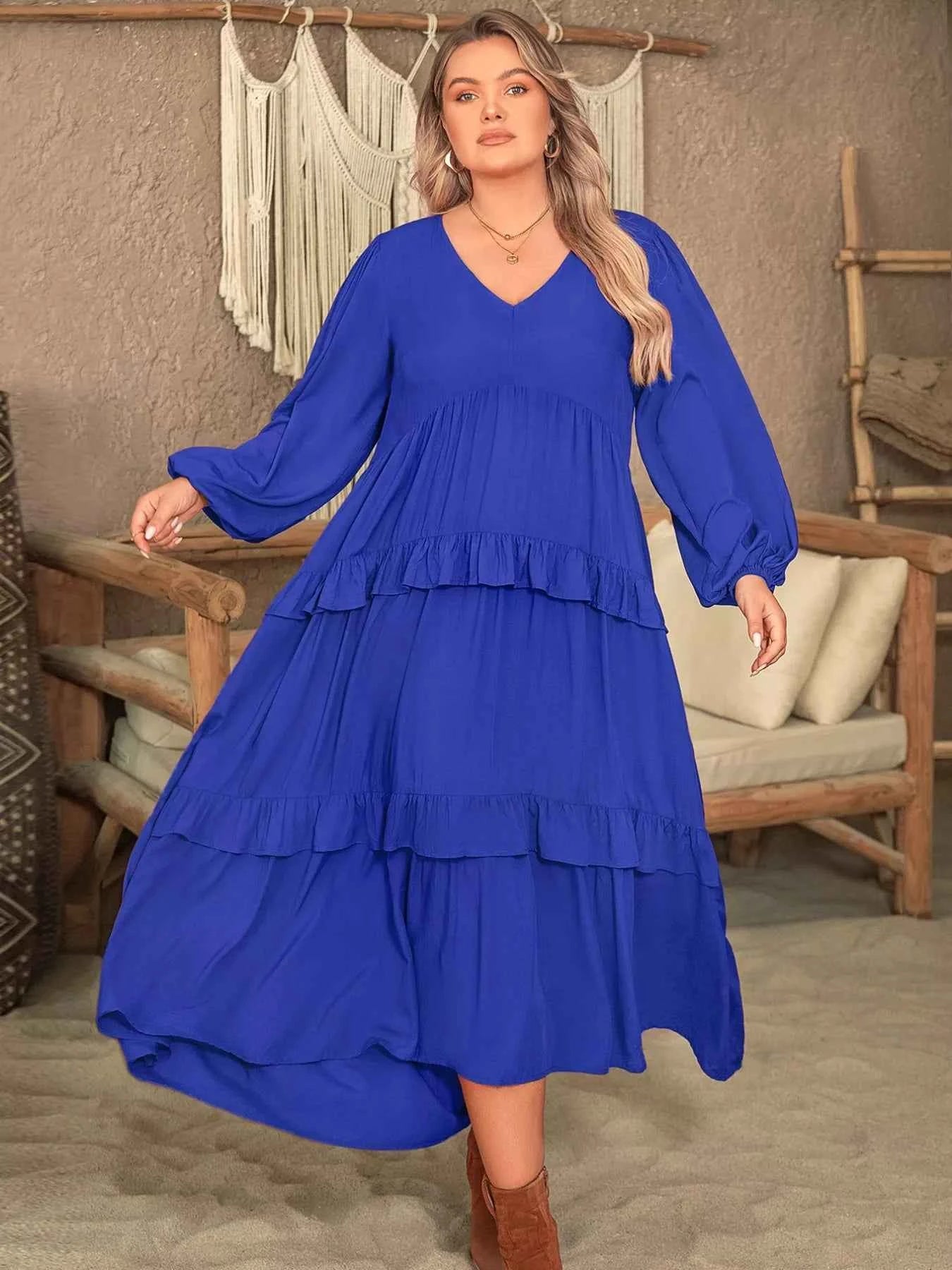 Plus Size Balloon Sleeve Ruffle Tiered Flowy Dress
