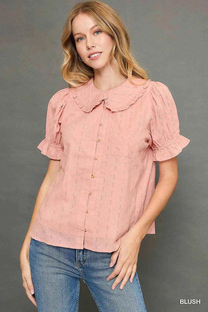 Peter Pan Collared Button Down Textured Shirt with Ruffled Detail