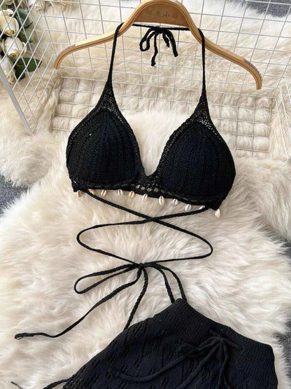 Crochet Knit Halter Neck Top and Wide Leg Pants Set