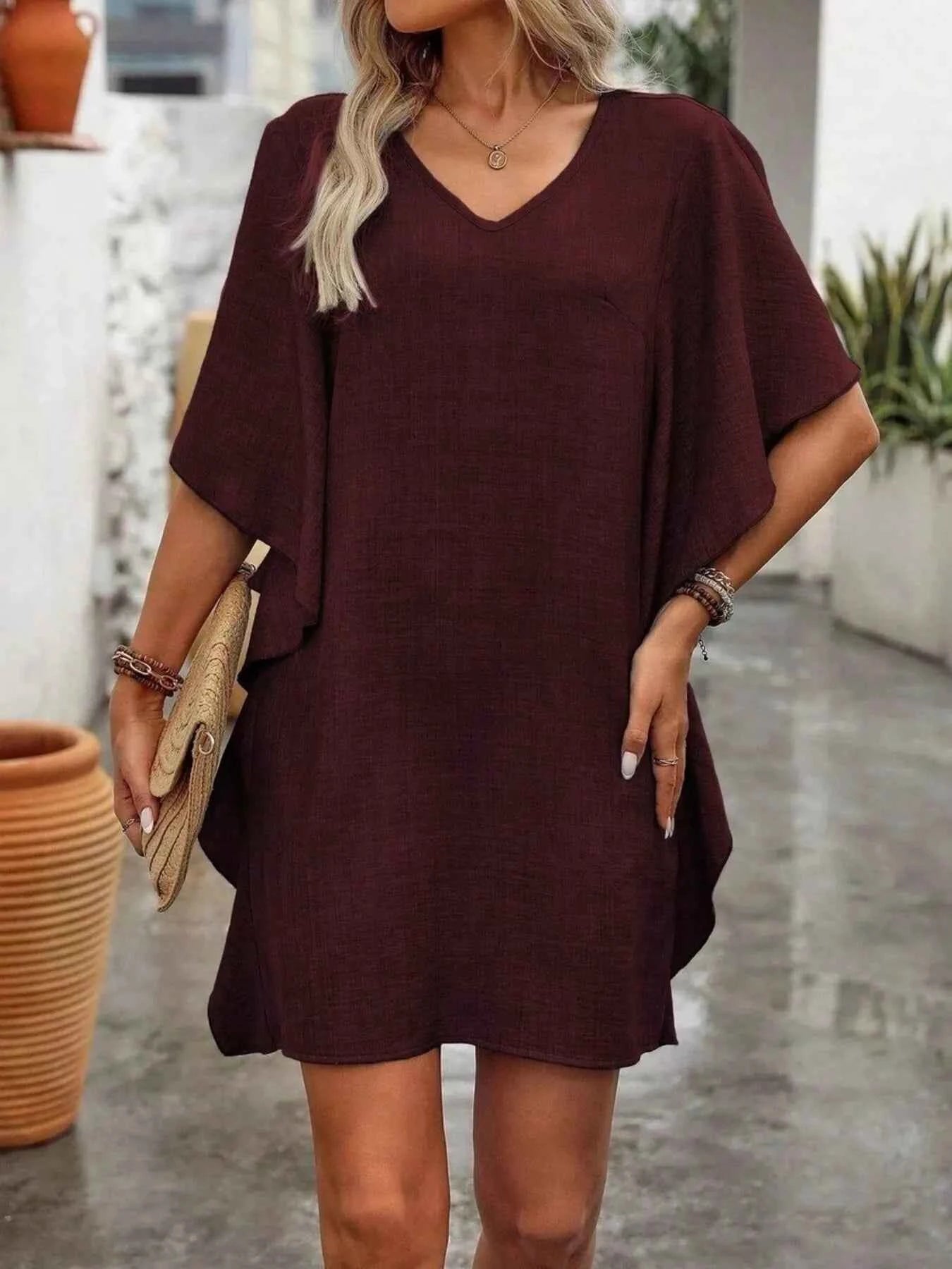 Ruffled Flutter Sleeve V-Neck Mini Dress