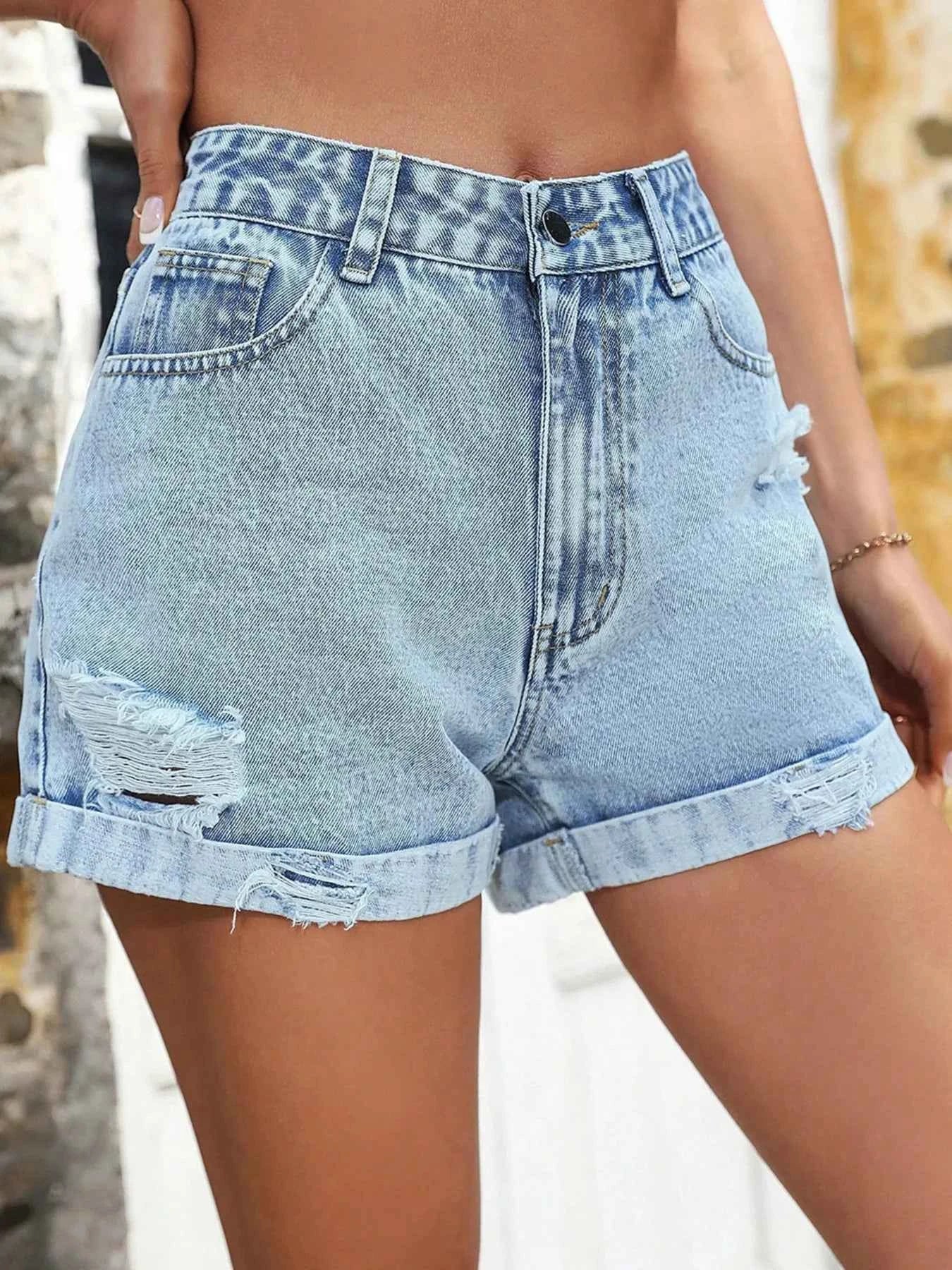 High-Waisted Distressed Denim Shorts