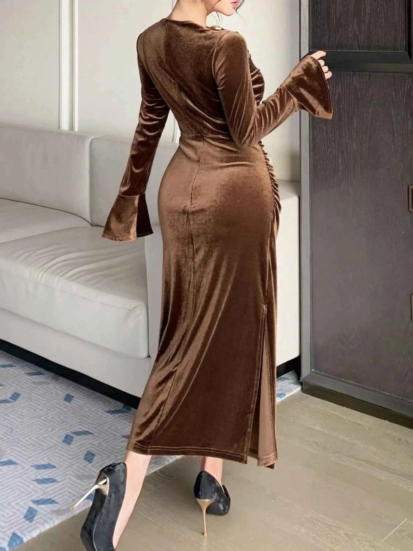 Velvet Ruched Bodycon Midi Dress