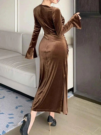 Velvet Ruched Bodycon Midi Dress
