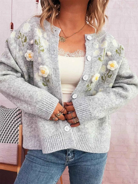 Flower Button Up Long Sleeve Cardigan