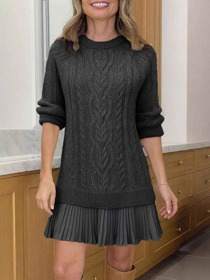 Full Size Cable Knit Pleated Hem Sweater Dress Plus Size
