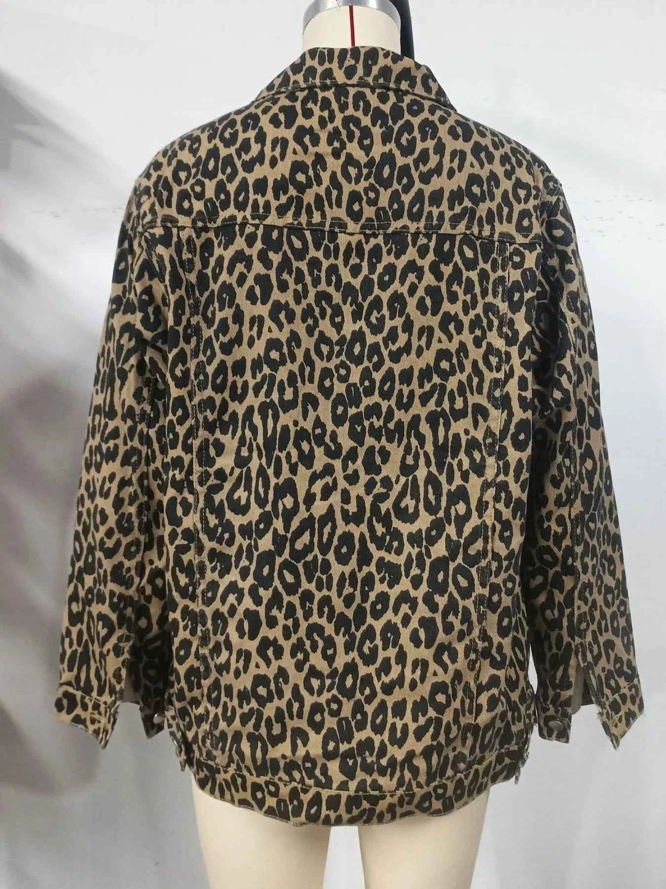 Leopard Button Up Long Sleeve Denim Jacket