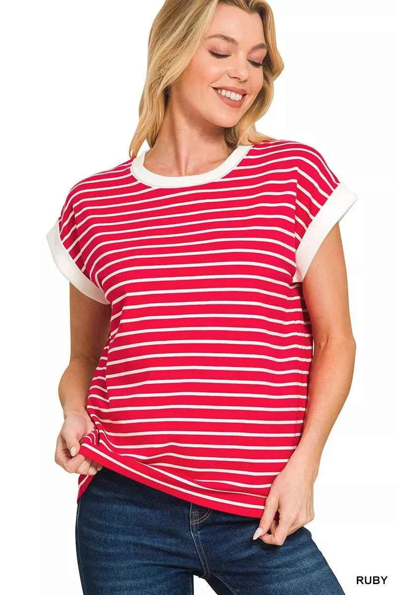 Zenana Full Size Contrast Trim Cap Sleeve Stripe Tee Plus Size