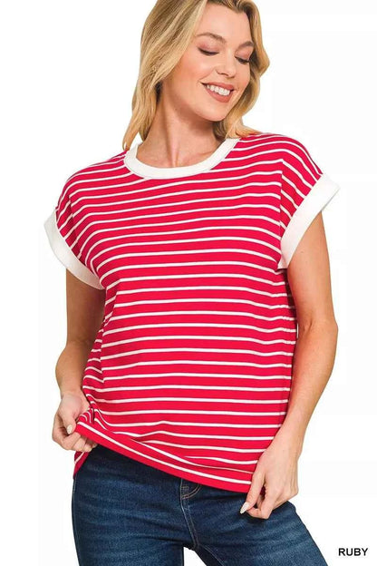 Zenana Full Size Contrast Trim Cap Sleeve Stripe Tee Plus Size