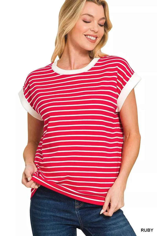 Zenana Full Size Contrast Trim Cap Sleeve Stripe Tee Plus Size