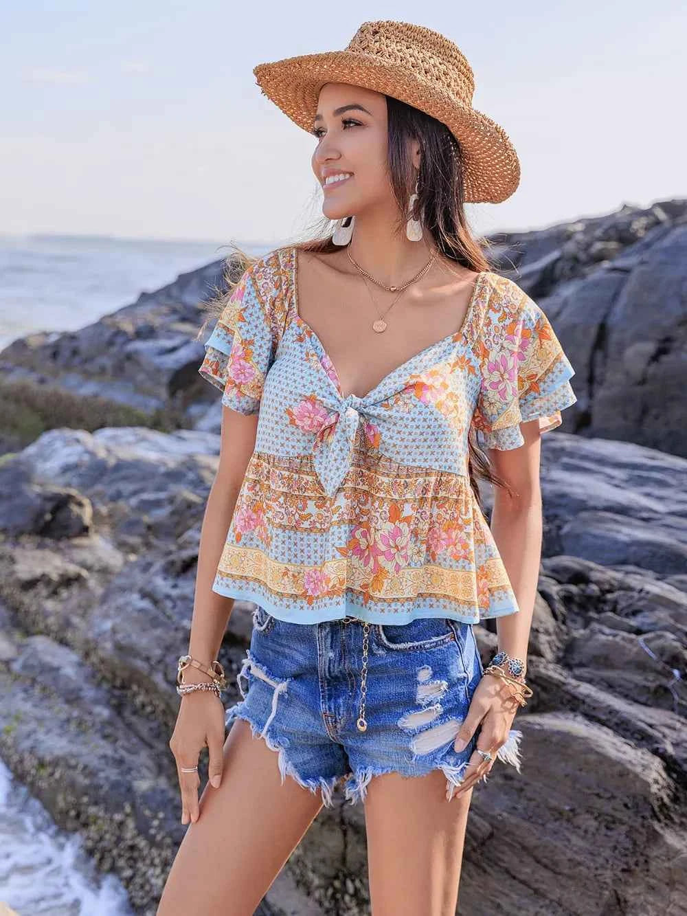 Printed Sweetheart Neck Layered Short Sleeve Blouse