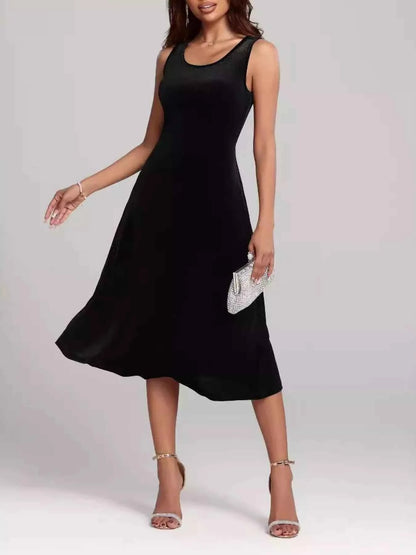 Round Neck Sleeveless Velvet A-Line Midi Dress