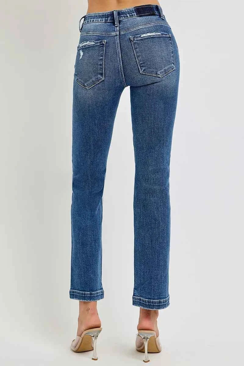 RISEN Full Size Tummy Control Elastic Band Mid Rise Straight Jeans Plus Size