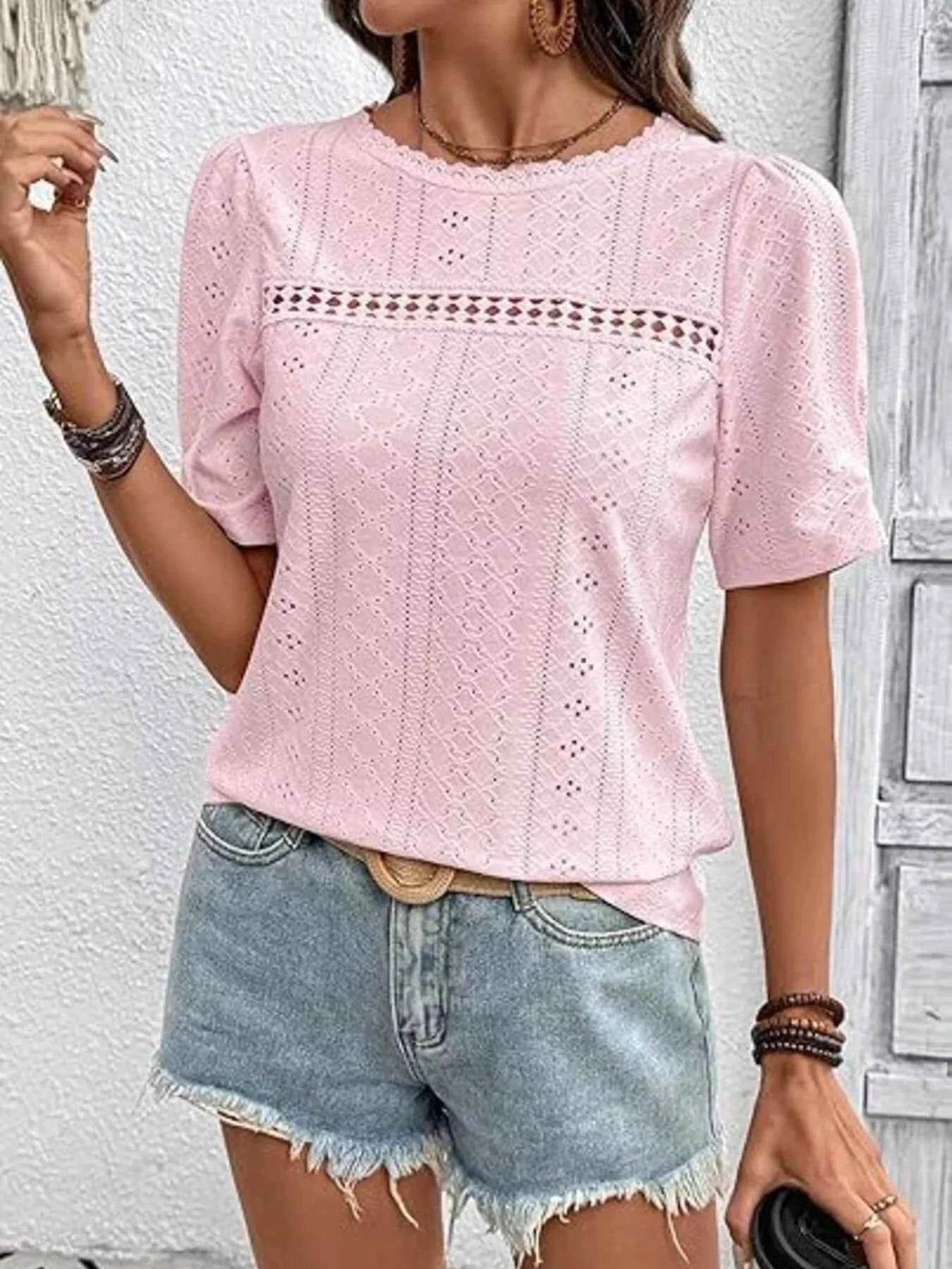 Eyelet Lace Detail Short Sleeve Blouse