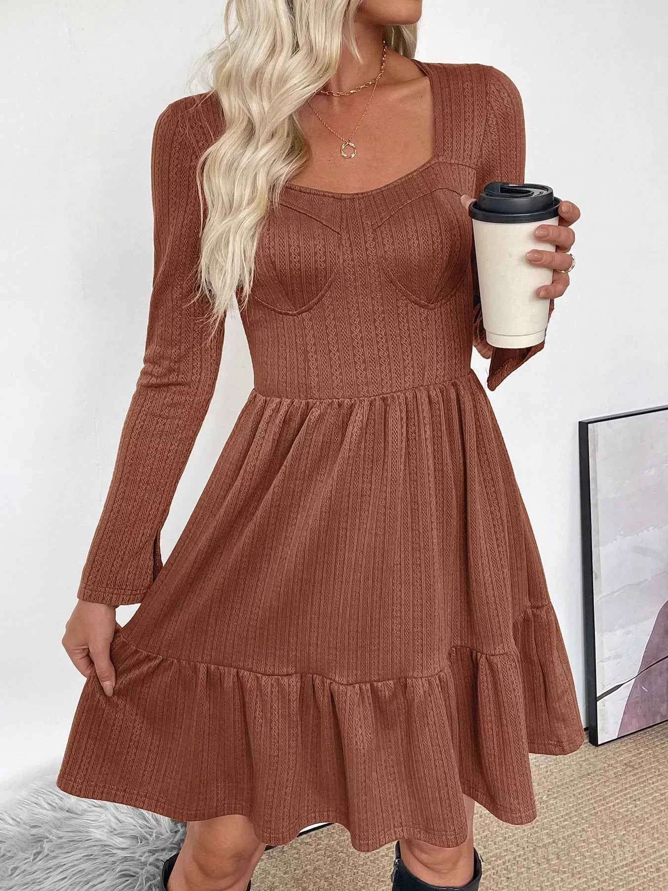 Ruffled Hem Long Sleeve Knit Dress
