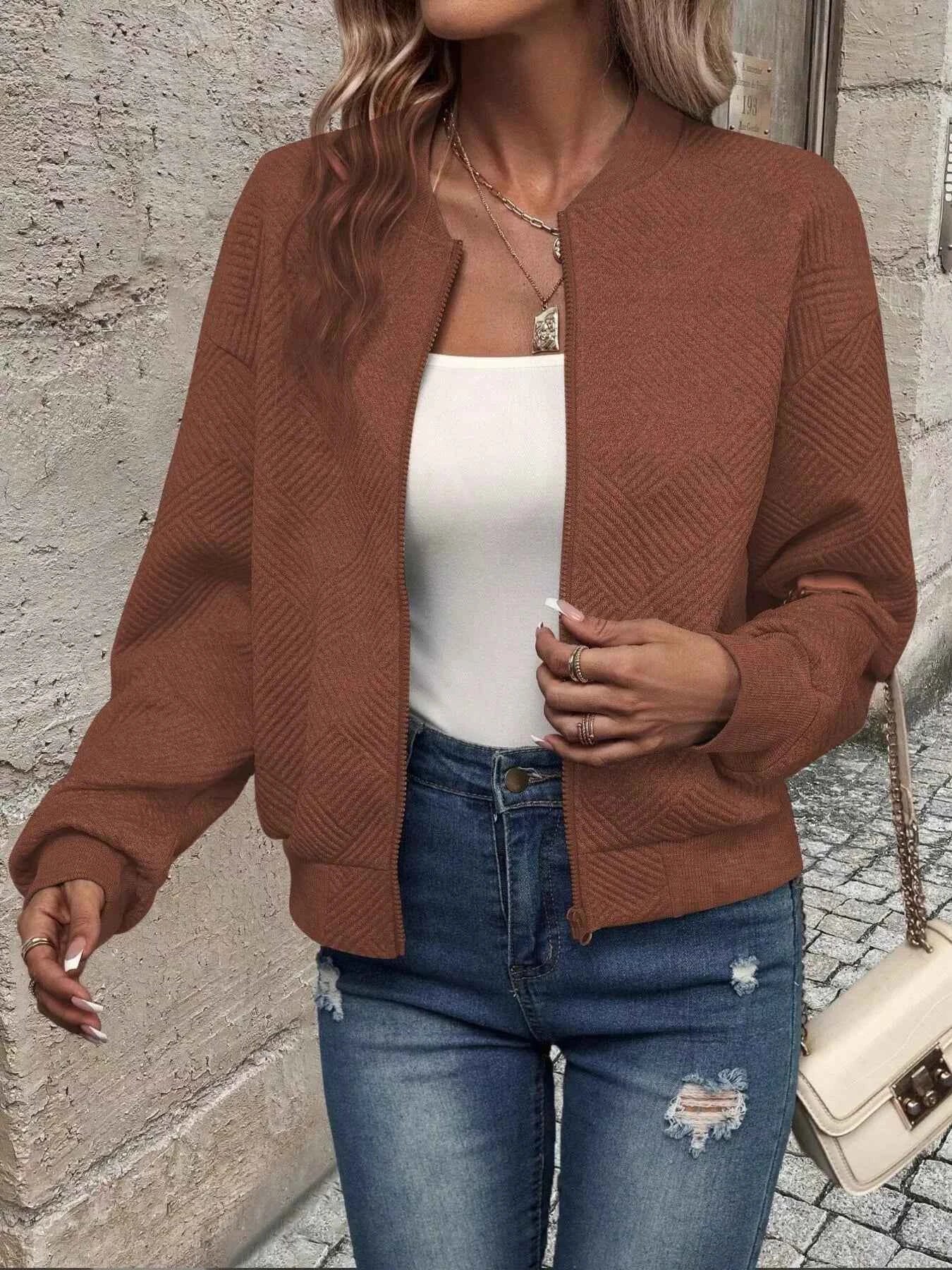 Full Size Zip Up Long Sleeve Textured Jacket Plus Size