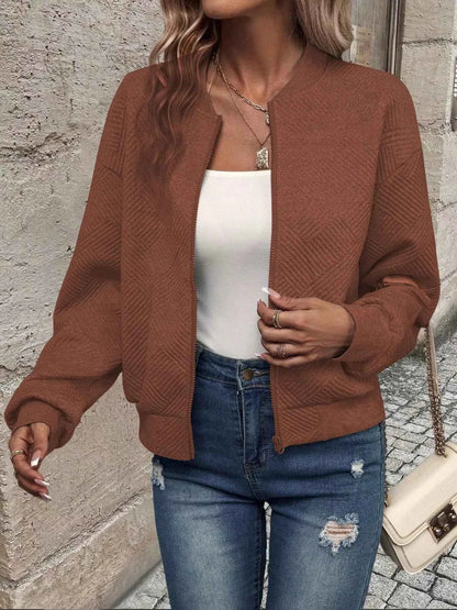Full Size Zip Up Long Sleeve Textured Jacket Plus Size