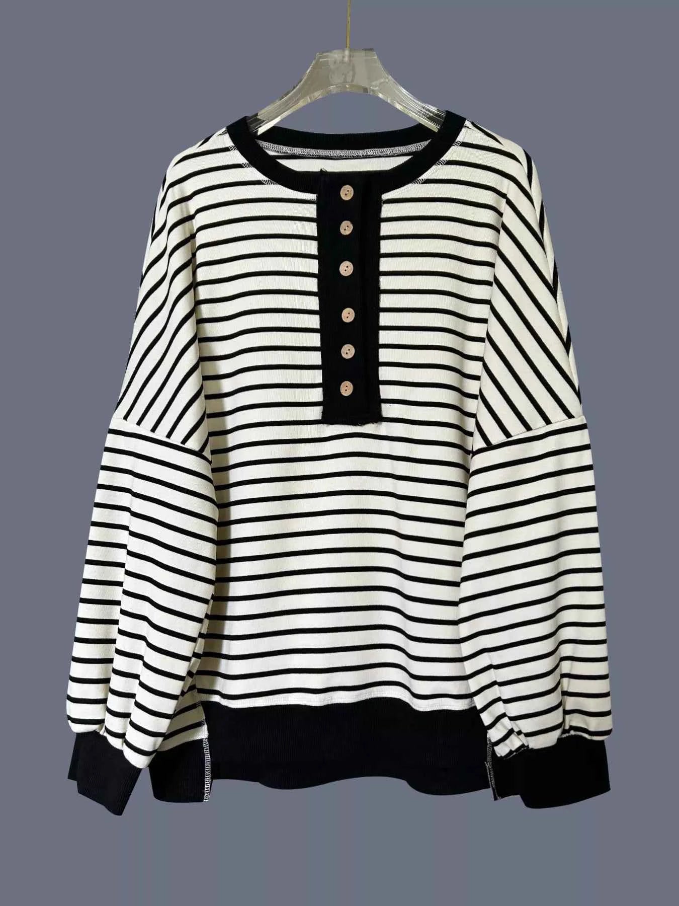 Striped Button Detail Casual Sweatshirt