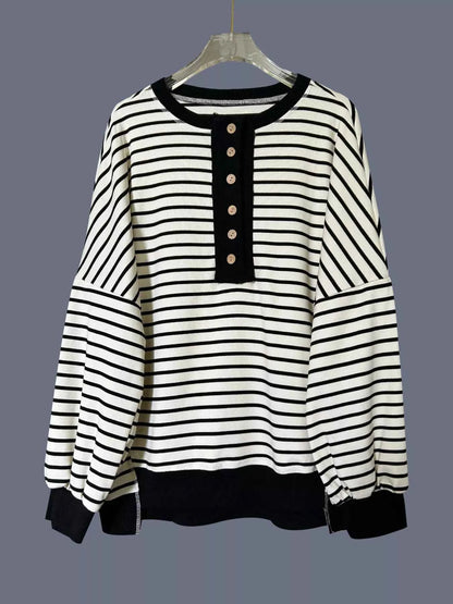 Striped Button Detail Casual Sweatshirt