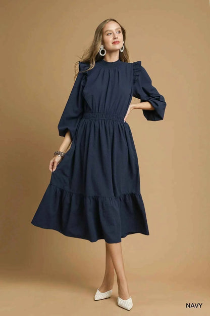 Umgee Textured Midi Dress with Ruffle Shoulder Detail