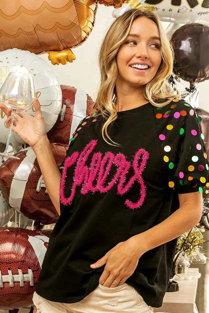 BiBi Metallic Letter Spangle Raglan Puff Sleeve Top