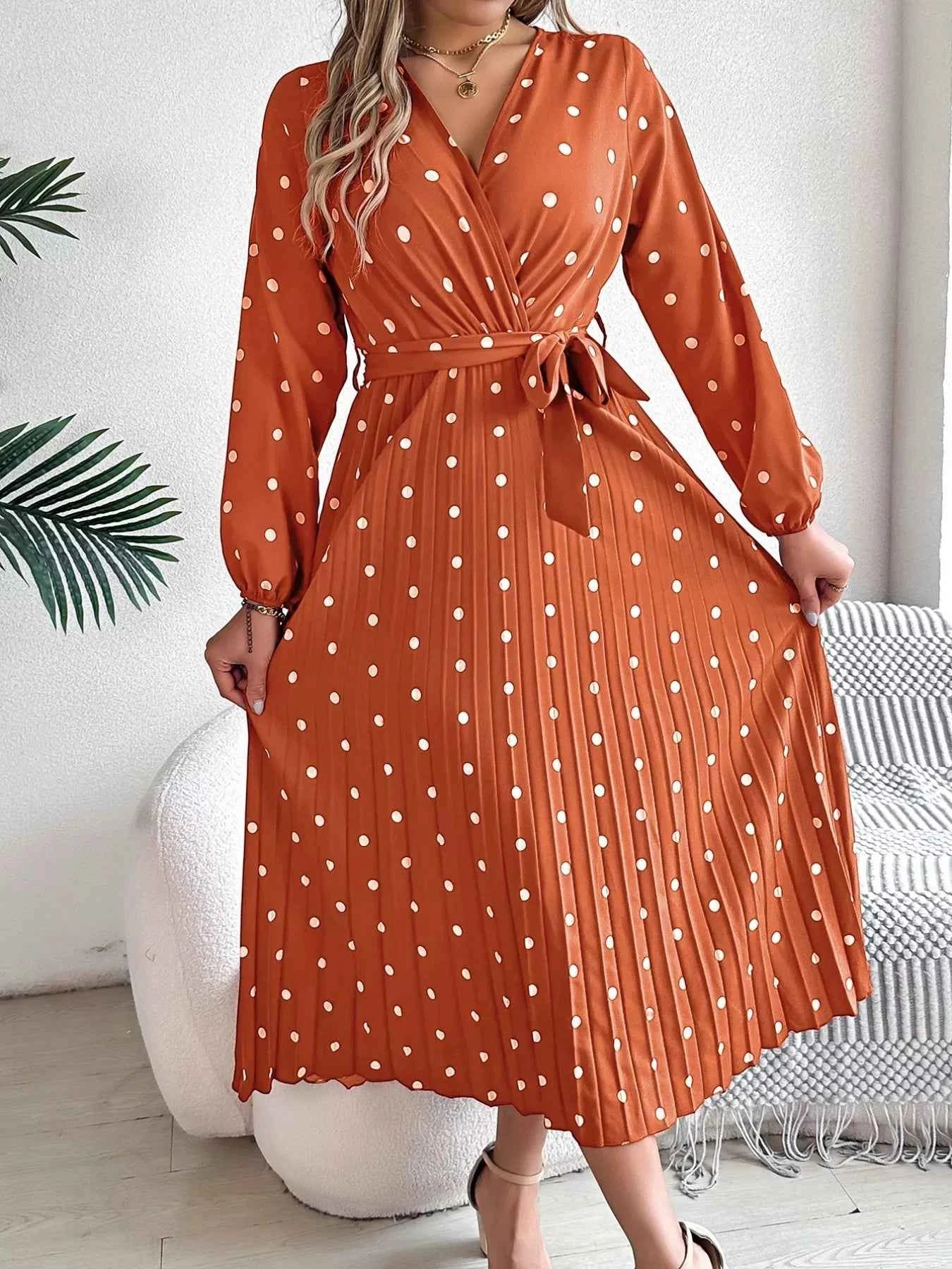 Front Tie Polka Dot Midi Pleated Dress